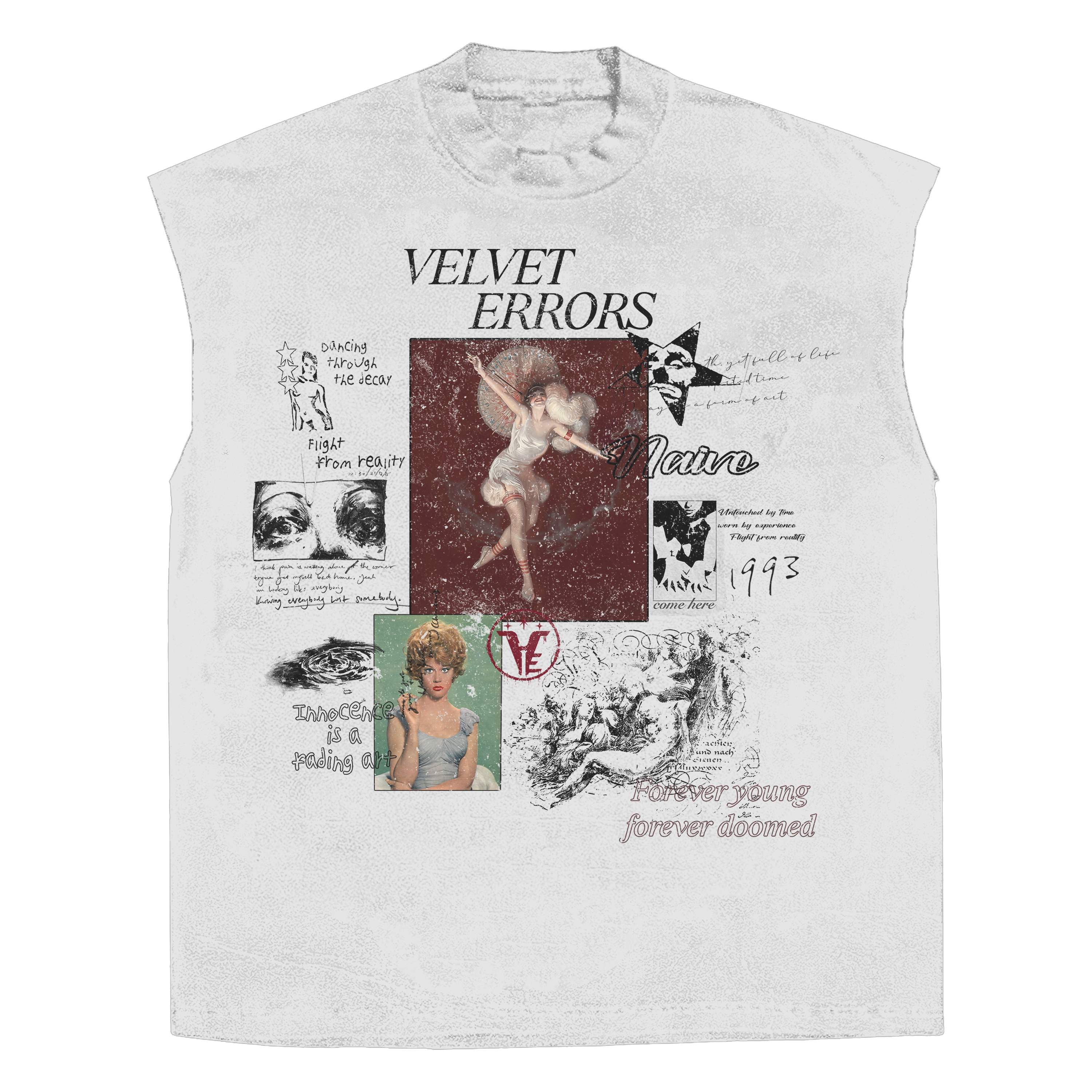 White Doomed Youth sleeveless t-shirt by Velvet Errors with bold graphic print on front, casual streetwear style.