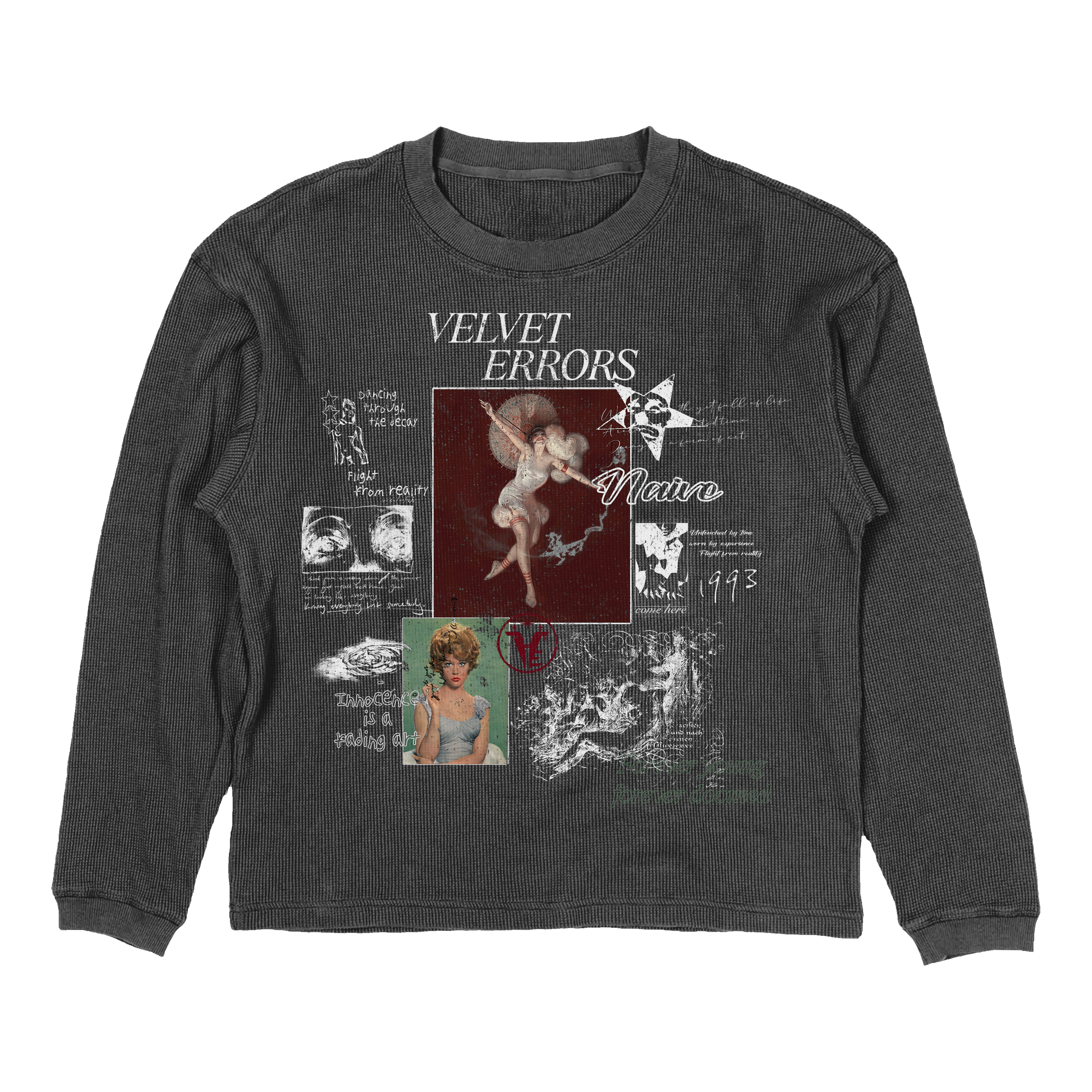 Grey Doomed Youth Thermal by Velvet Errors, cozy thermal top with ribbed cuffs and a relaxed fit, ideal for casual wear.