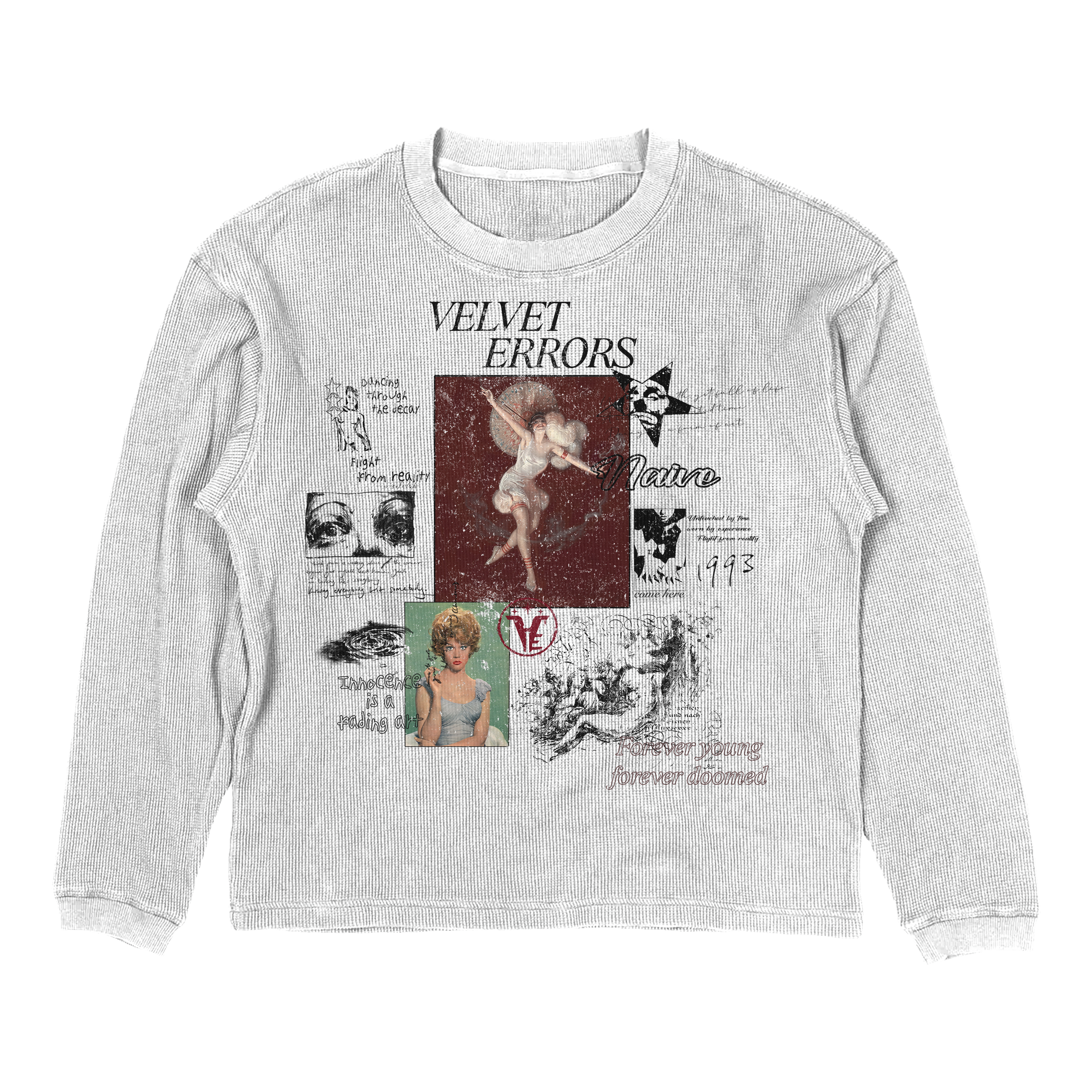 White Doomed Youth Thermal by Velvet Errors featuring a cozy, thermal fabric with bold graphic design for streetwear style.