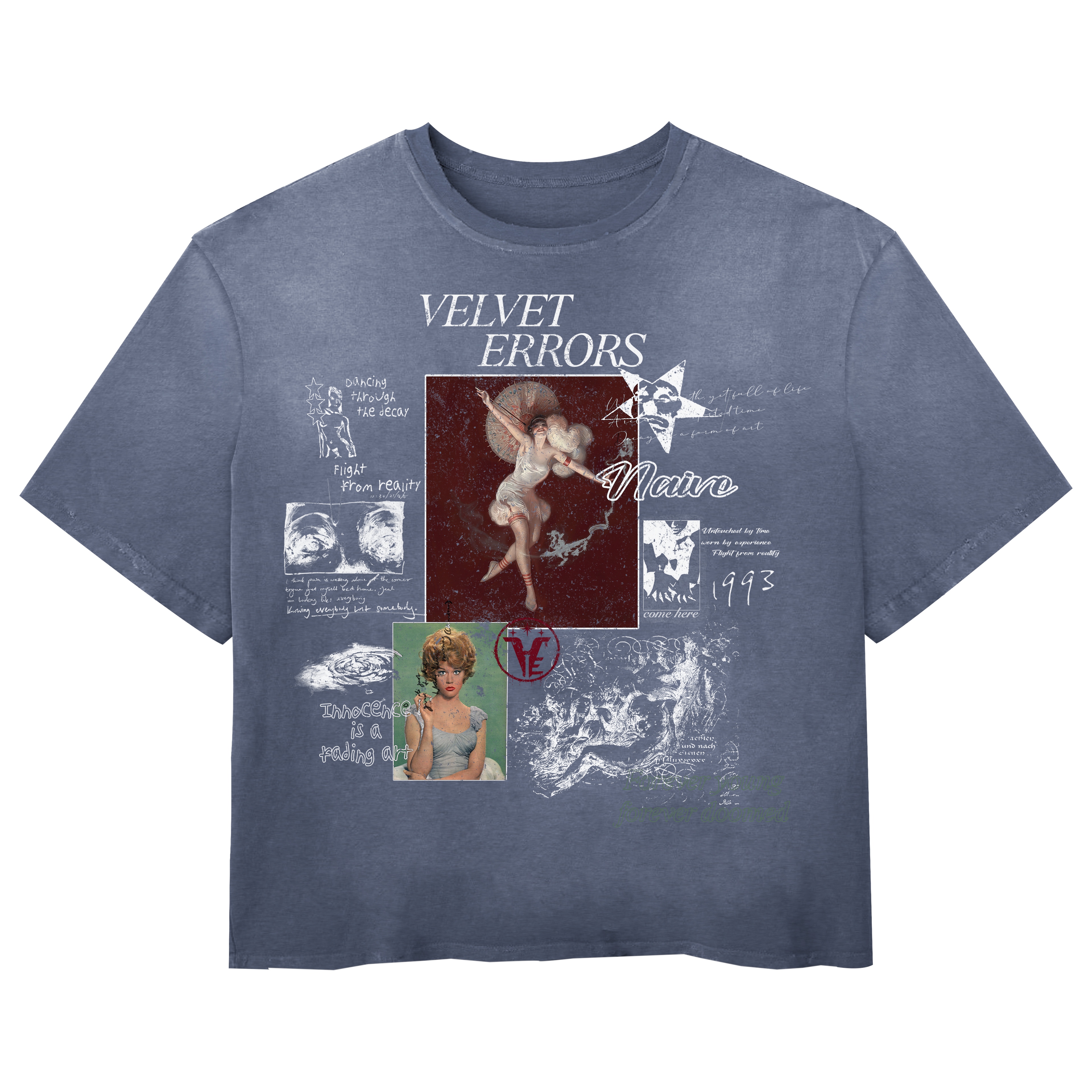 Blue Doomed Youth Wash Tee by Velvet Errors, featuring a casual men's T-shirt with graphic print and relaxed fit.