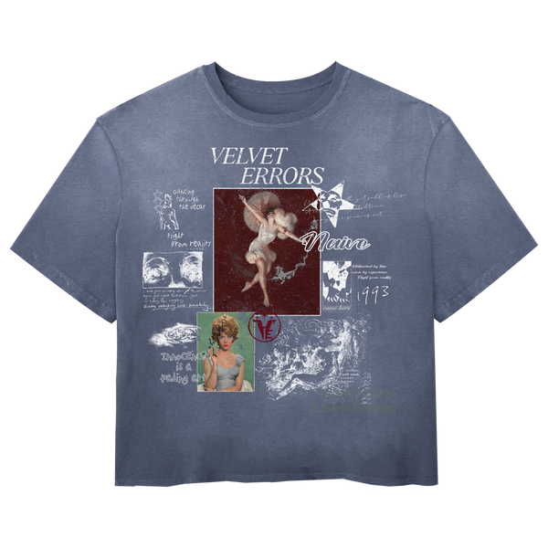 Blue Doomed Youth Wash Tee by Velvet Errors, featuring a casual men's T-shirt with graphic print and relaxed fit.