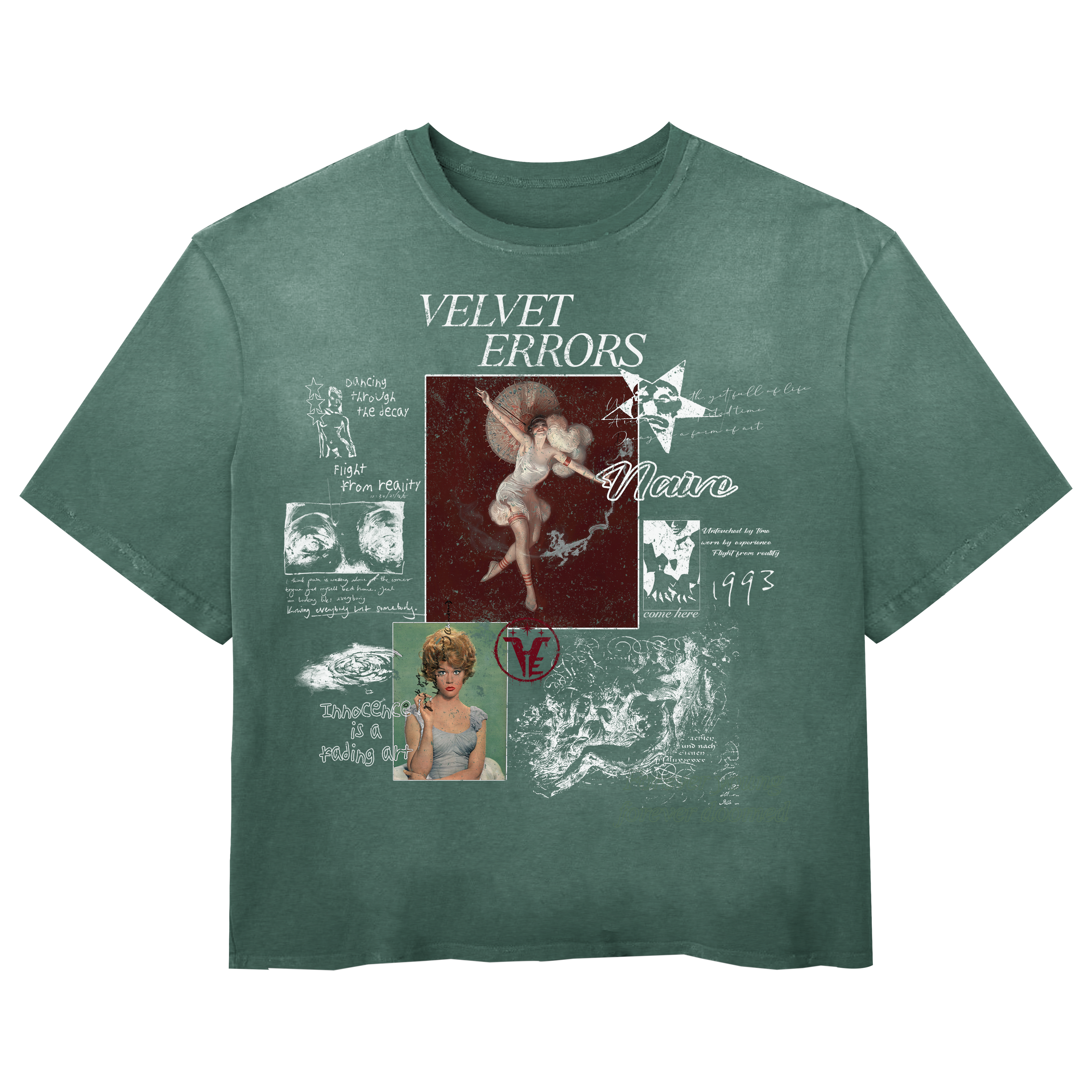 Green Doomed Youth Wash Tee by Velvet Errors, featuring a relaxed fit and graphic print on soft cotton fabric.