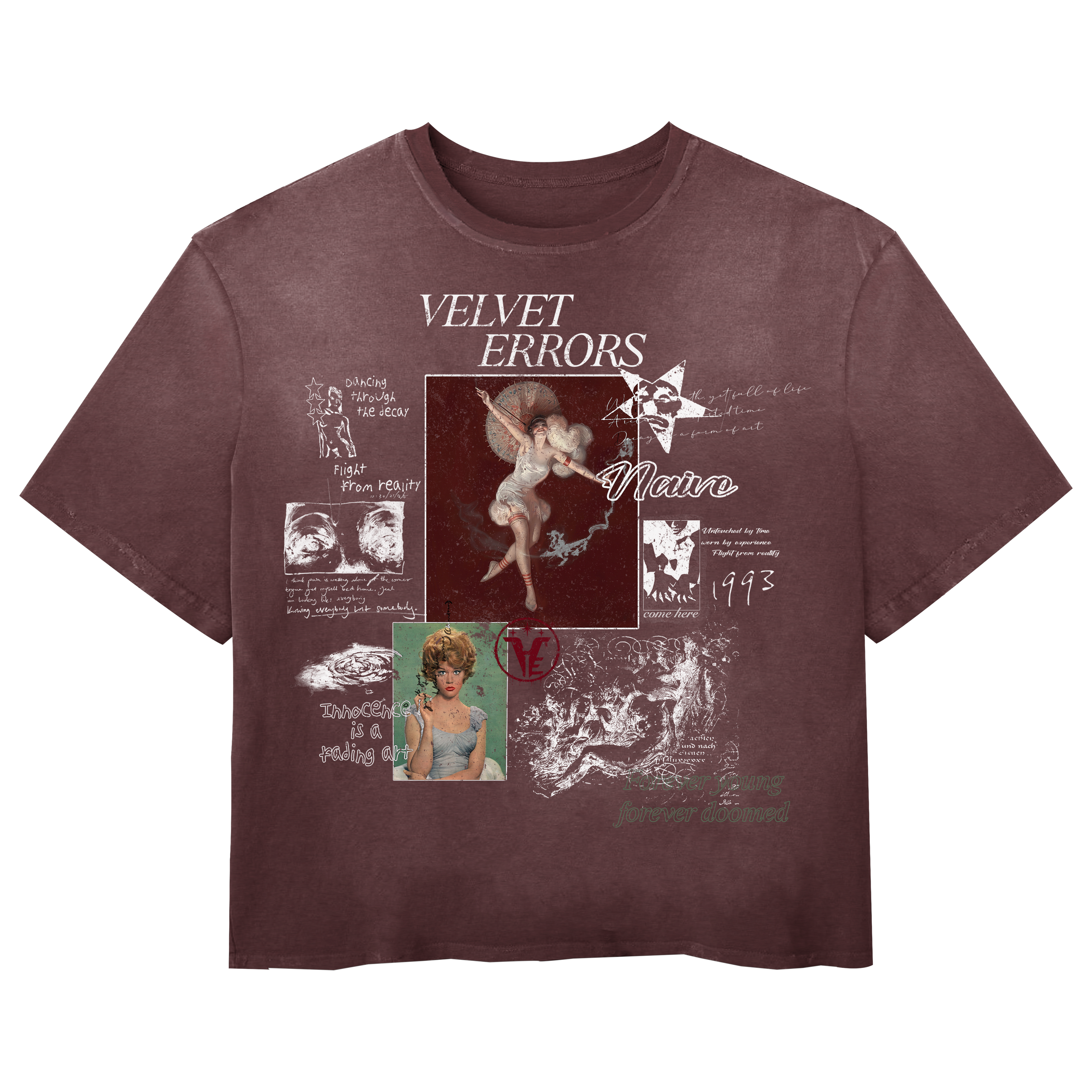 Red Doomed Youth Wash Tee by Velvet Errors featuring a distressed graphic print on soft cotton fabric.