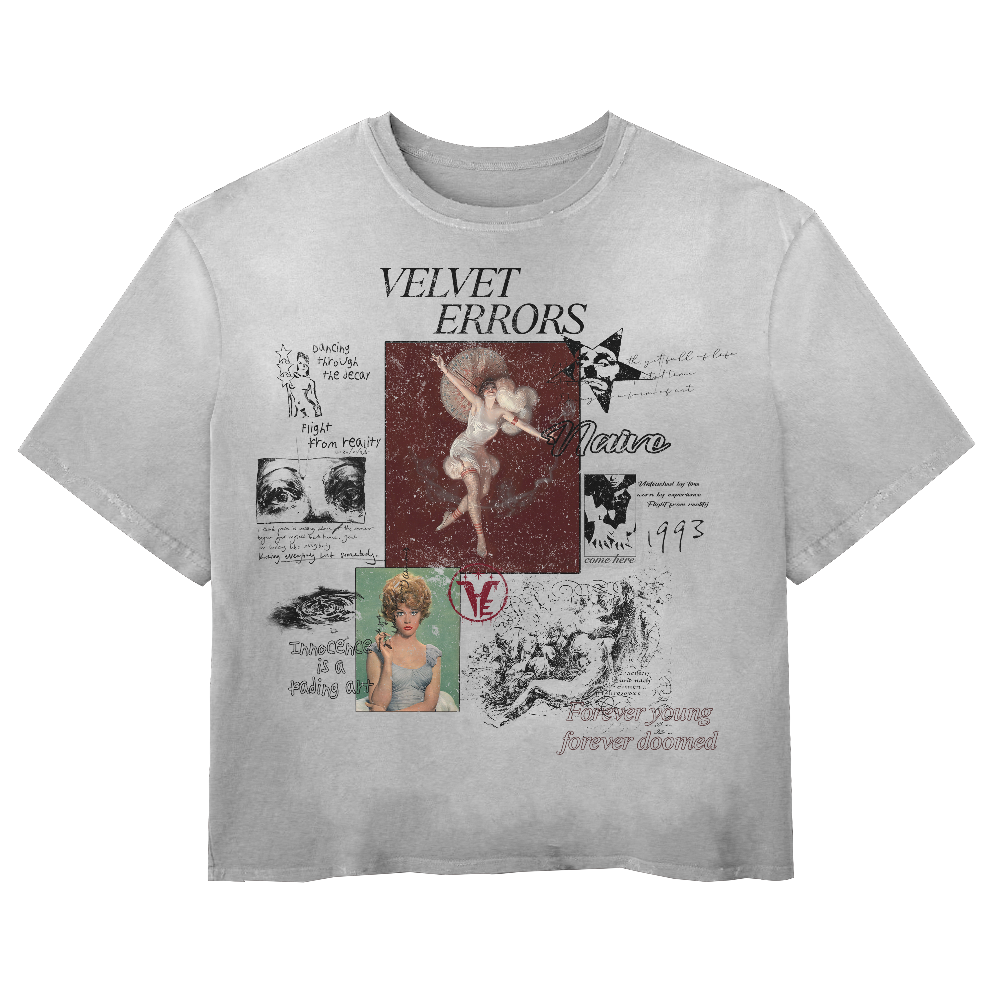 White Doomed Youth Wash Tee by Velvet Errors featuring graphic print and casual fit, displayed on a neutral background.