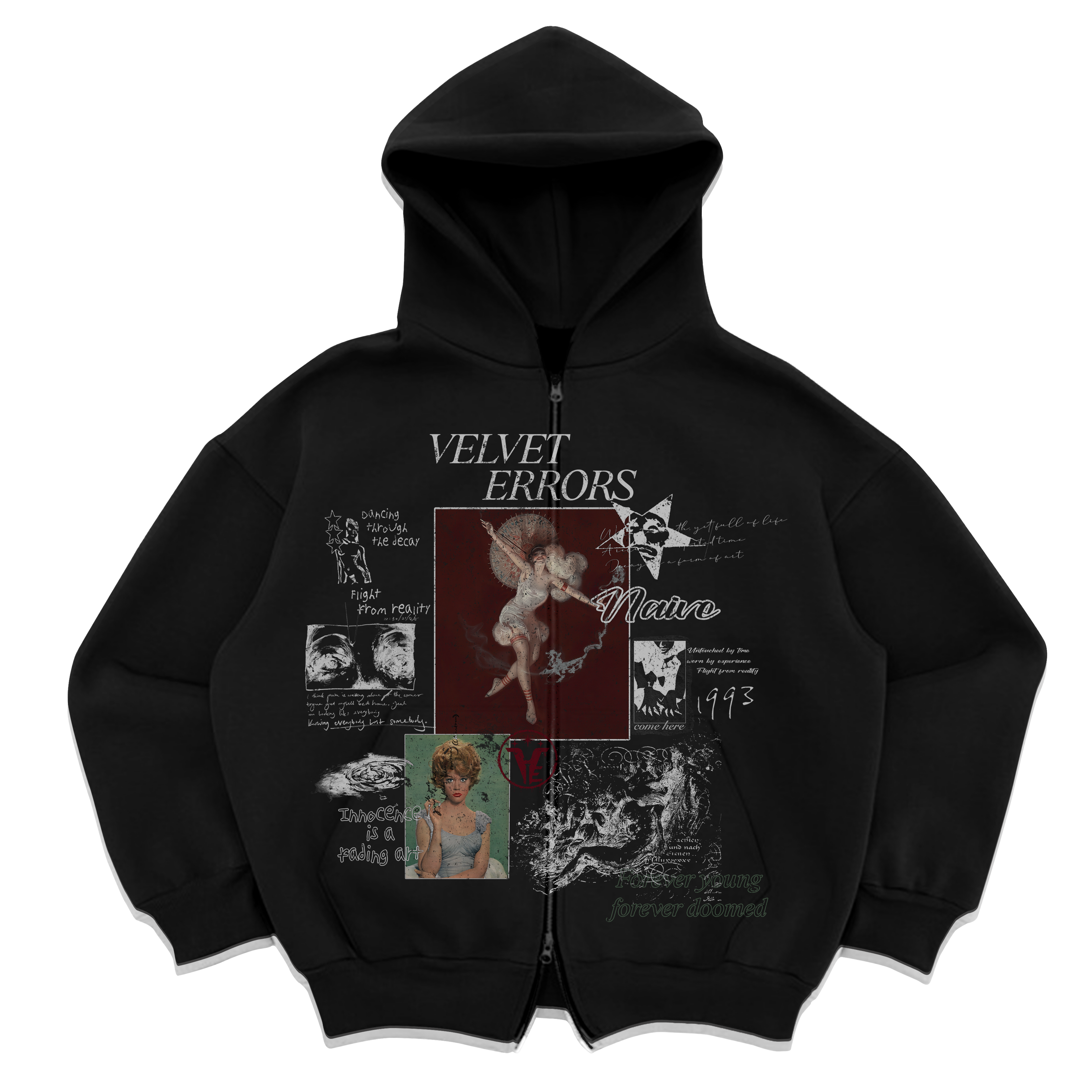 Black zip-up hoodie from Velvet Errors' Doomed Youth collection, featuring a casual fit and graphic design.