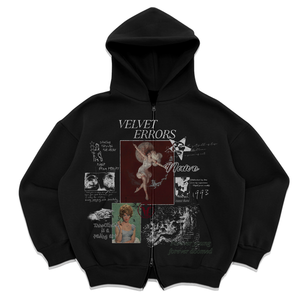 Black zip-up hoodie from Velvet Errors' Doomed Youth collection, featuring a casual fit and graphic design.