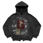 Gray Doomed Youth zip-up hoodie by Velvet Errors, featuring a hood, front zipper, and casual fit, displayed on a hanger.