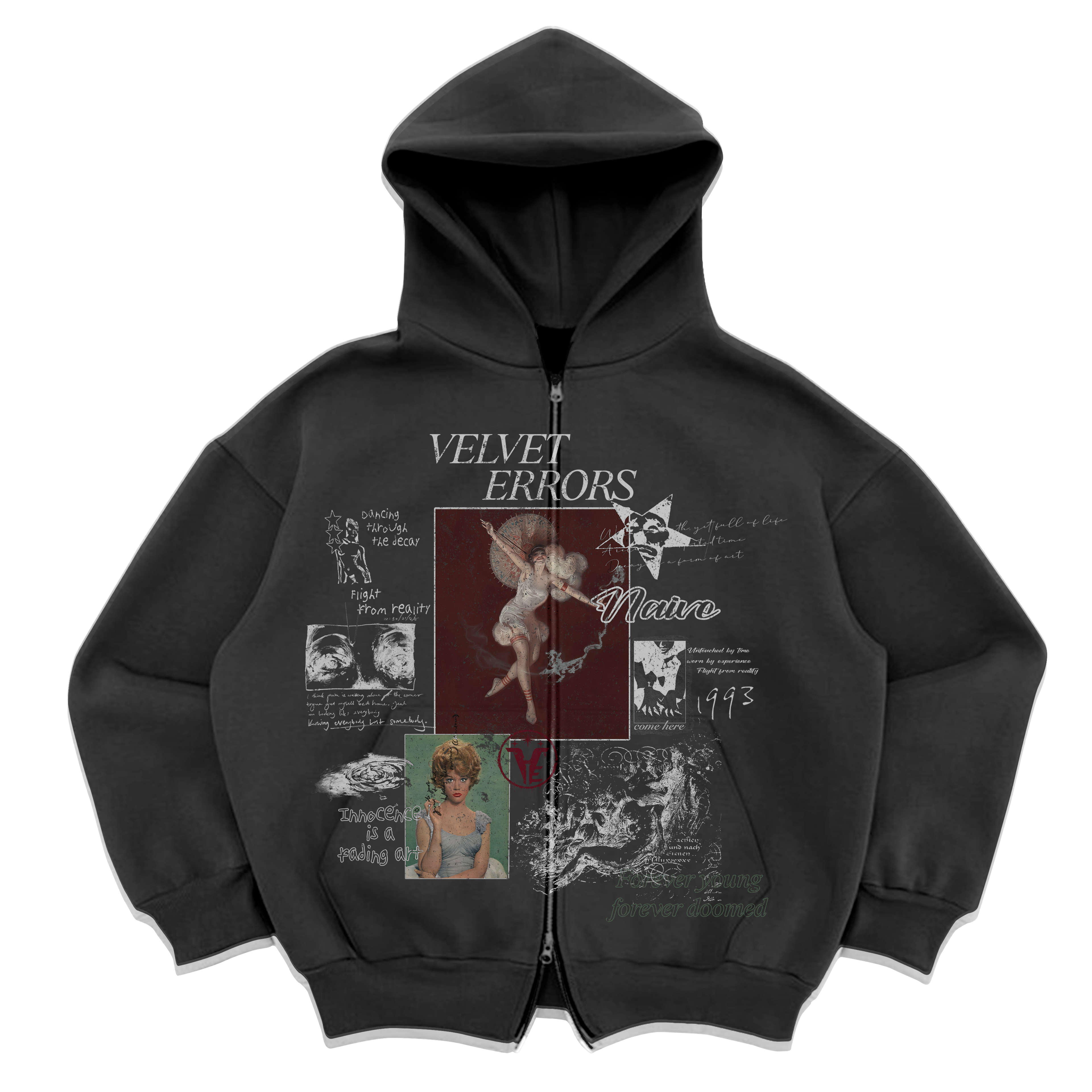 Gray Doomed Youth zip-up hoodie by Velvet Errors, featuring a hood, front zipper, and casual fit, displayed on a hanger.