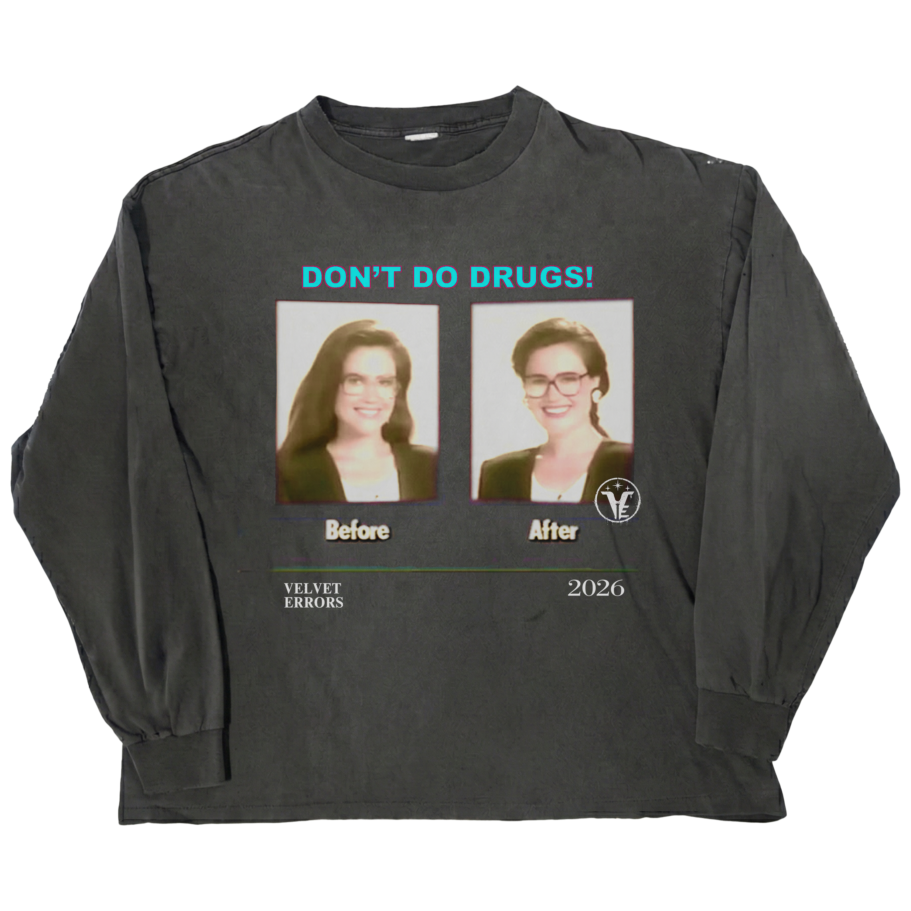 Black long-sleeve mockup featuring side effects design by Velvet Errors, showcasing detailed graphic on front.
