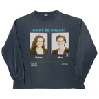 Blue long-sleeve shirt featuring side effects mocks design by Velvet Errors, with detailed printed text on the fabric.