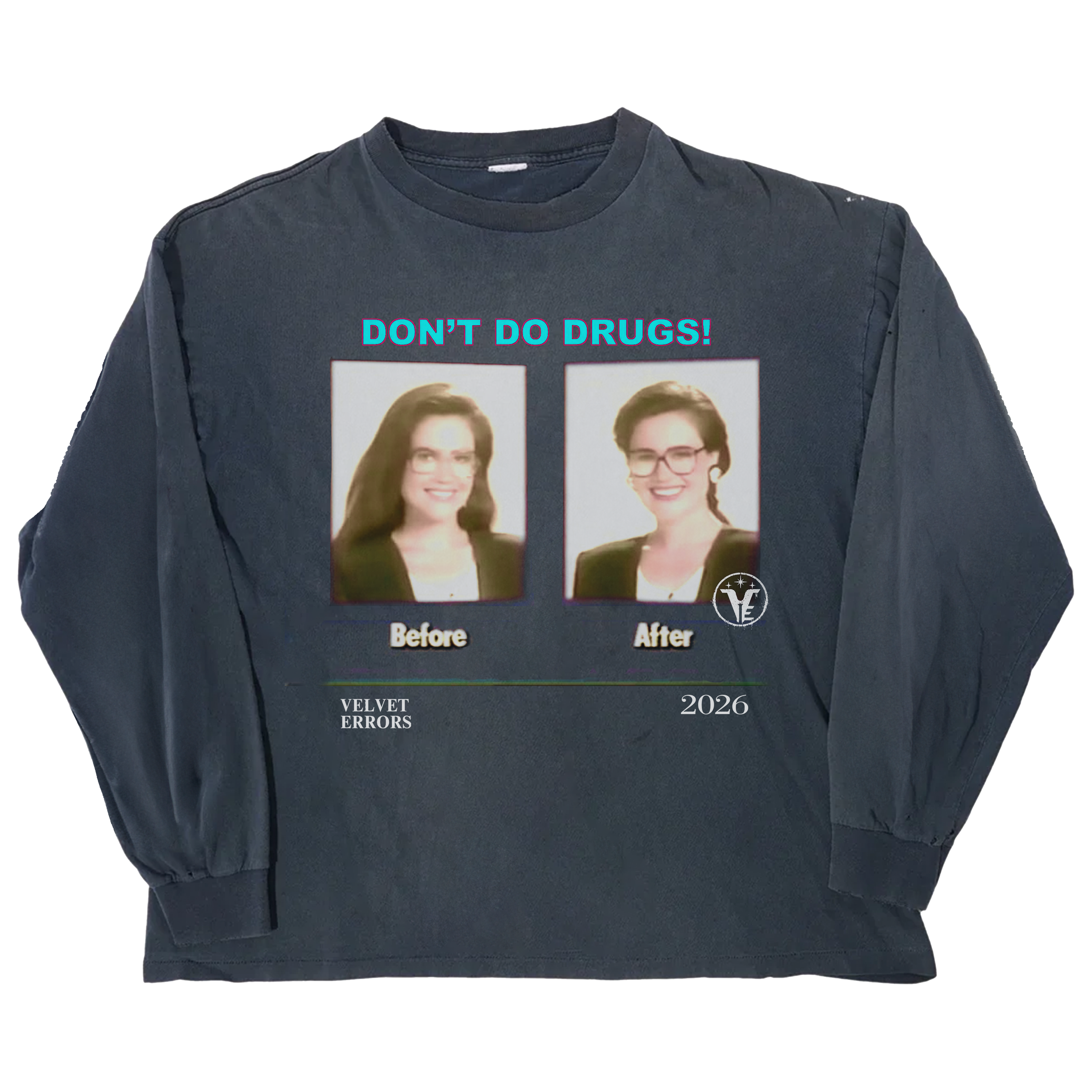 Blue long-sleeve shirt featuring side effects mocks design by Velvet Errors, with detailed printed text on the fabric.