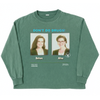 Green long-sleeve t-shirt from Velvet Errors featuring a design inspired by side effects mocks.