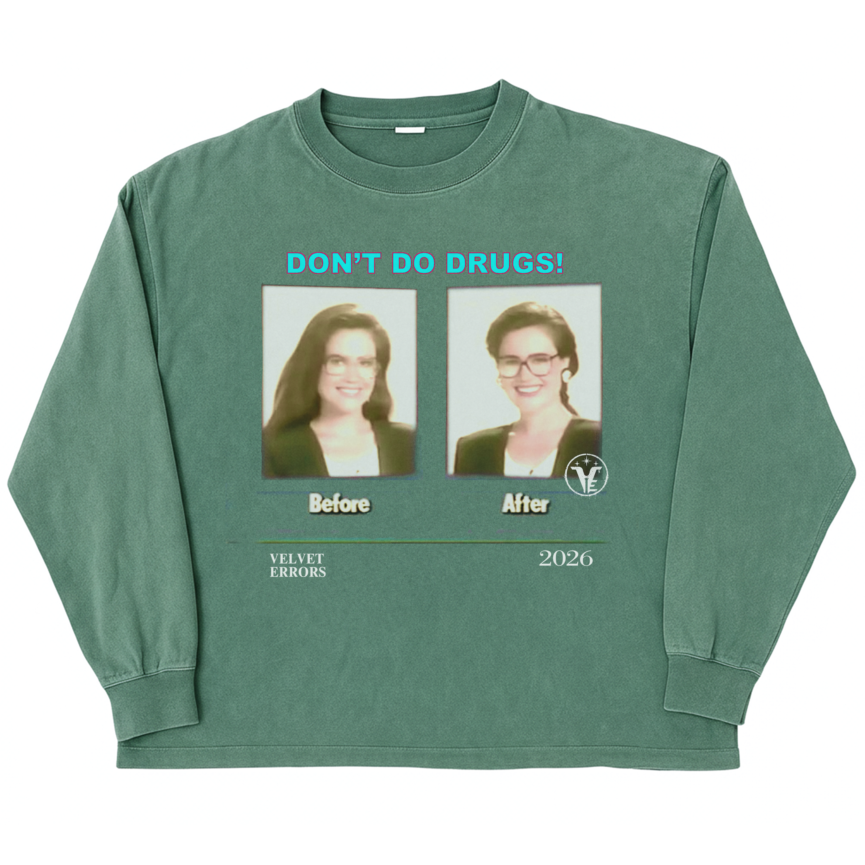 Green long-sleeve t-shirt from Velvet Errors featuring a design inspired by side effects mocks.