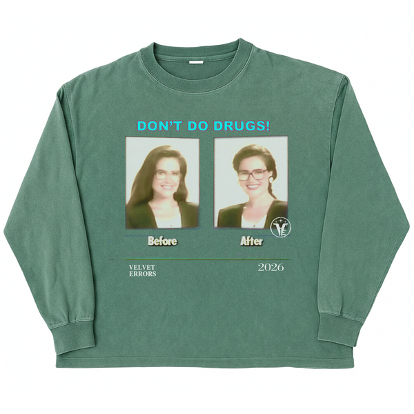 Green long-sleeve t-shirt from Velvet Errors featuring a design inspired by side effects mocks.