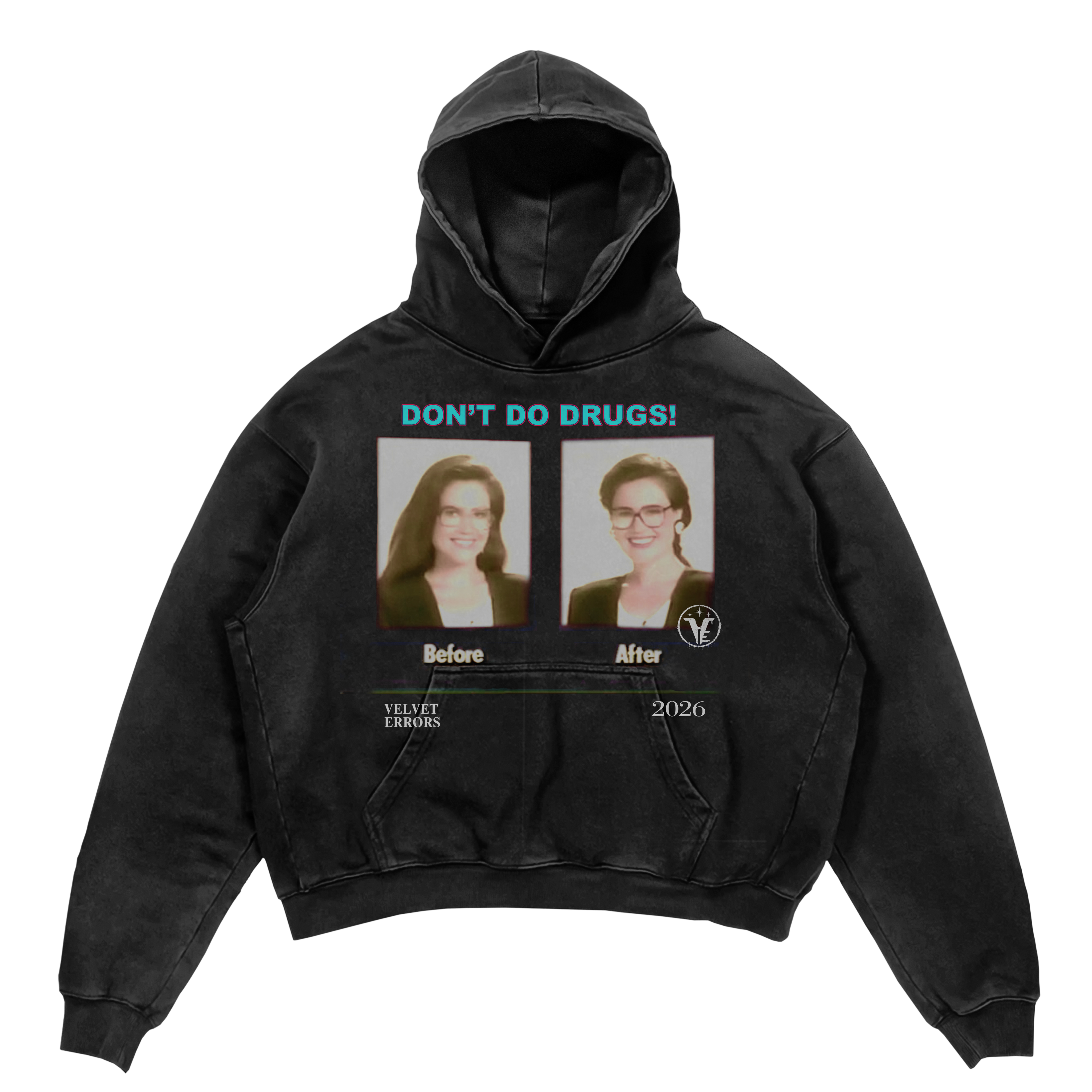 Black hoodie featuring "Side Effects Mocks" graphic from Velvet Errors, casual streetwear style with front print.