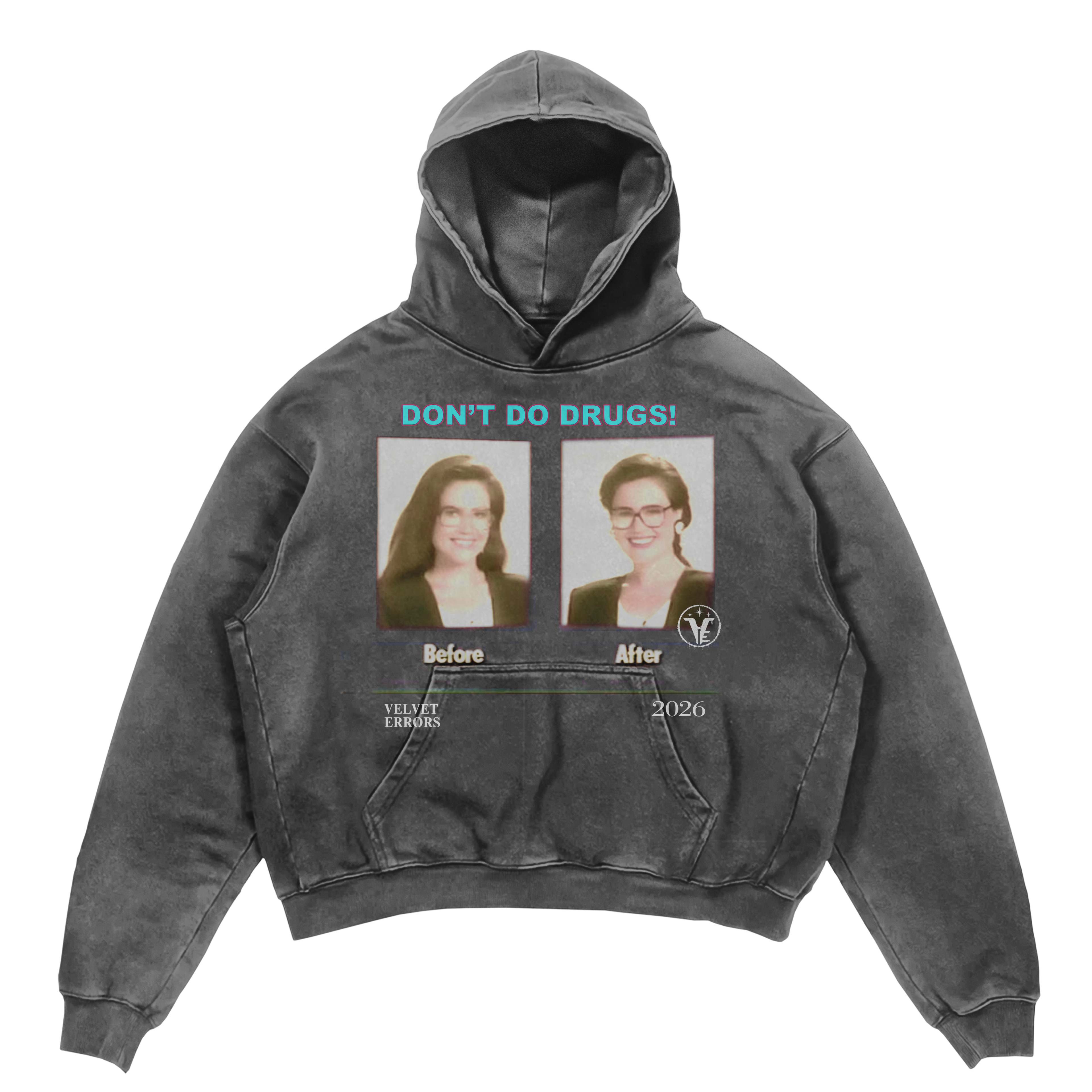 Gray hoodie featuring "Side Effects Mocks" design by Velvet Errors, displayed on a mannequin.