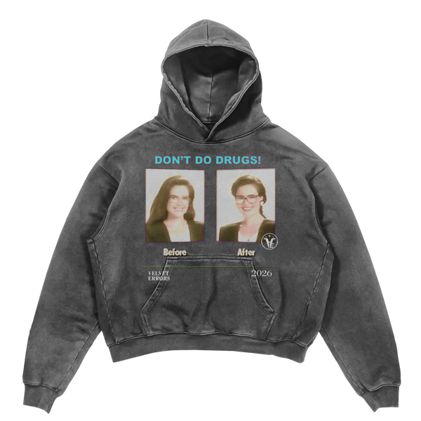 Gray hoodie featuring "Side Effects Mocks" design by Velvet Errors, displayed on a mannequin.