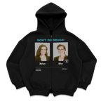 Black hoodie featuring "Side Effects" mocks print by Velvet Errors, displayed on a hanger against a plain background.