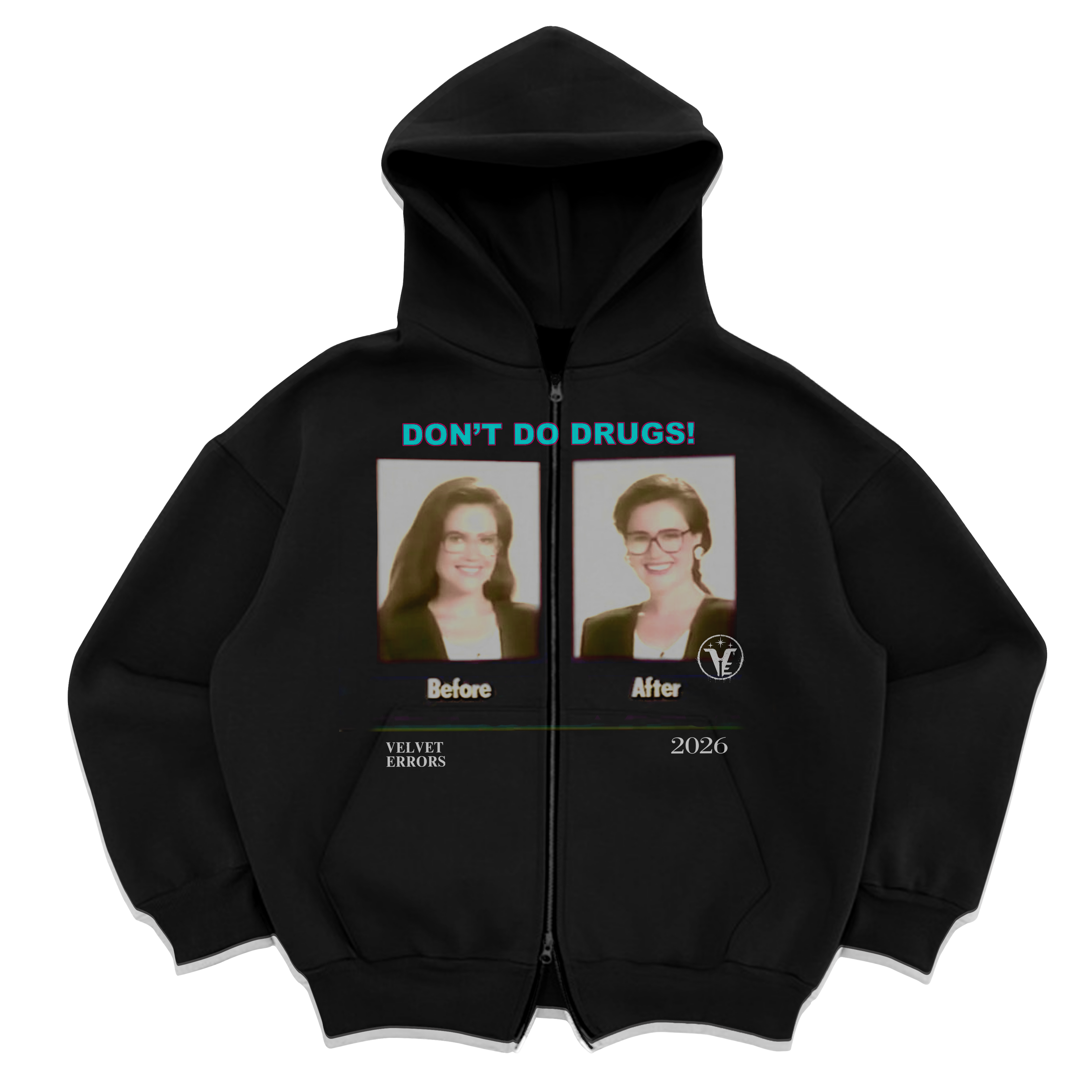 Black hoodie featuring "Side Effects" mocks print by Velvet Errors, displayed on a hanger against a plain background.