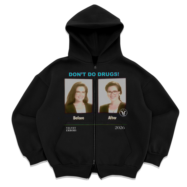 Black hoodie featuring "Side Effects" mocks print by Velvet Errors, displayed on a hanger against a plain background.