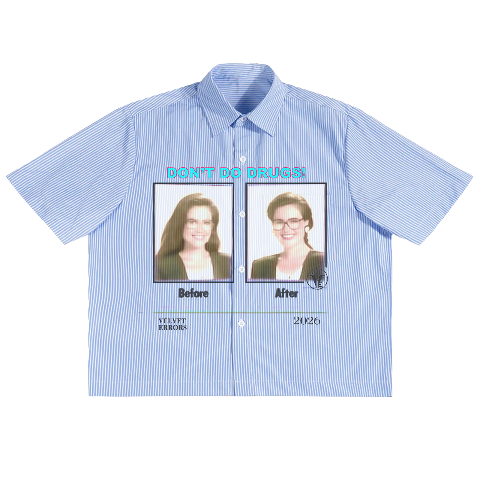 Velvet Errors Side Effects Button Up shirt with printed drug-themed design, casual long-sleeve top for everyday wear.