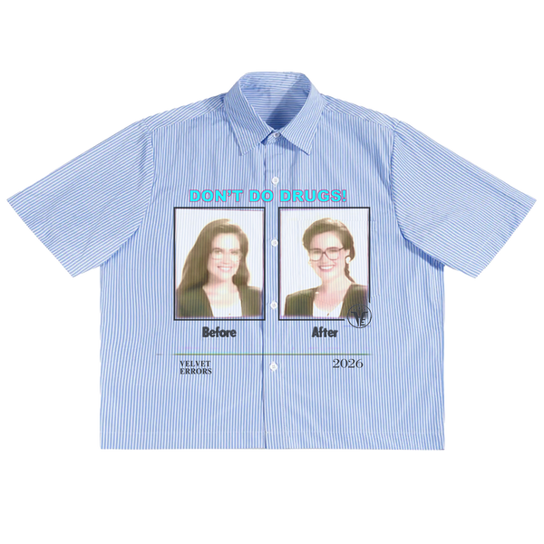 Velvet Errors Side Effects Button Up shirt with printed drug-themed design, casual long-sleeve top for everyday wear.