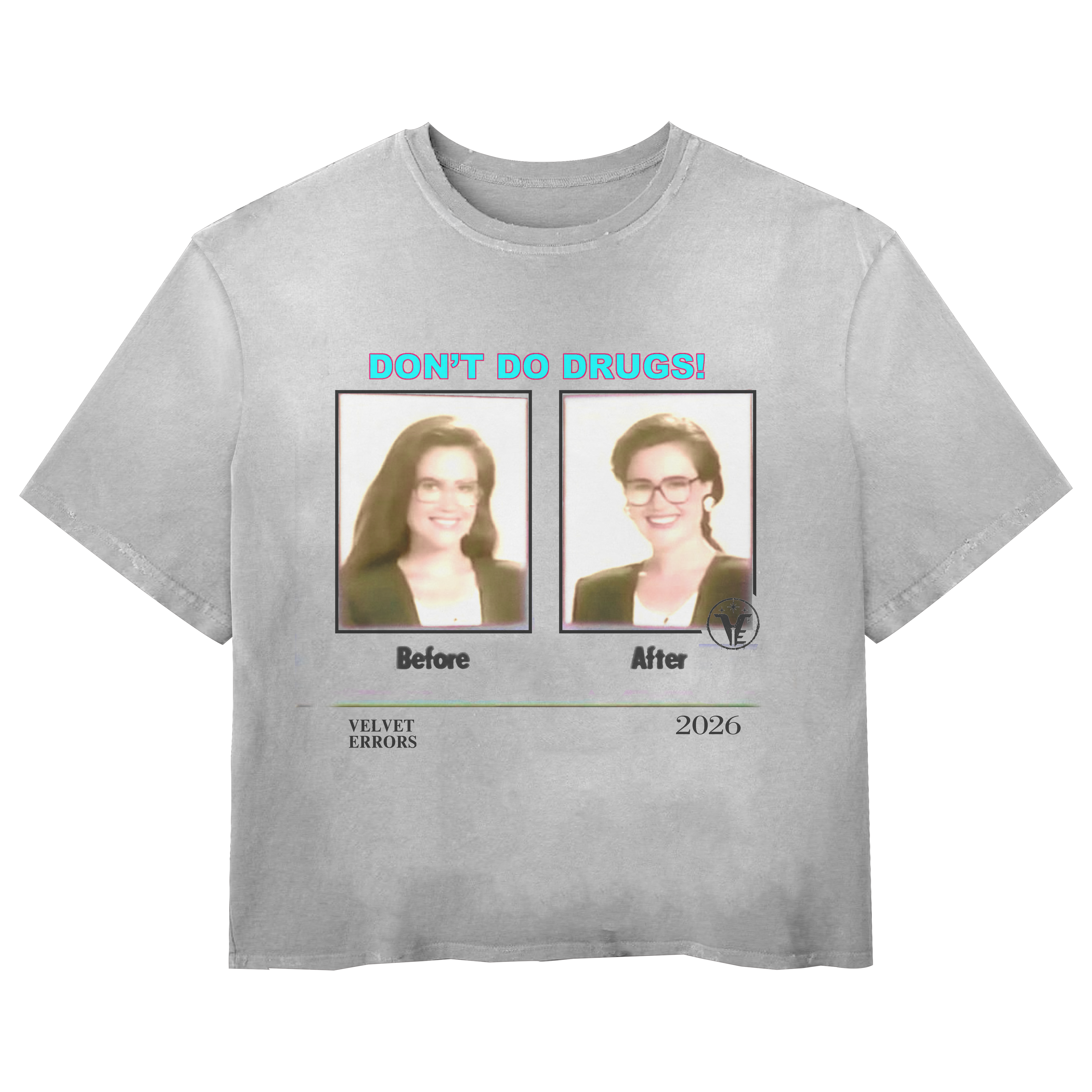 Velvet Errors Side Effects Wash Tee featuring graphic design with drug-related imagery on soft cotton fabric.