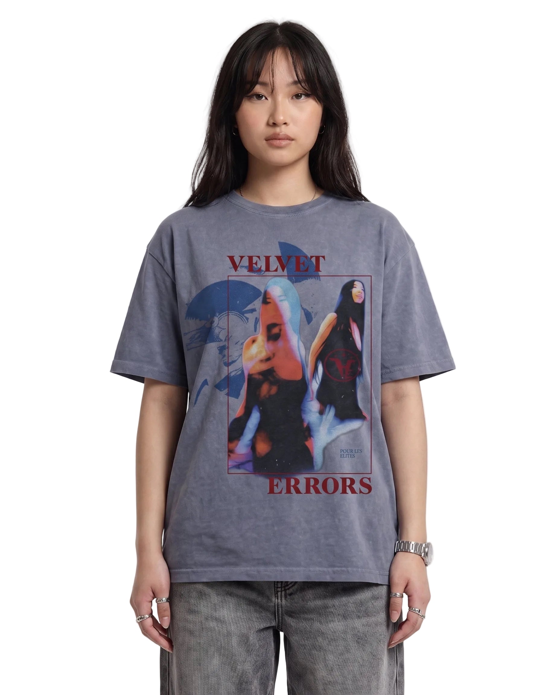 Velvet Errors Elites Wash Tee in blue, featuring a relaxed fit with a soft fabric texture, displayed on a model.