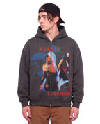 Gray Velvet Errors Elites Zip Up hoodie displayed on a model, showcasing the front with a relaxed fit and casual style.