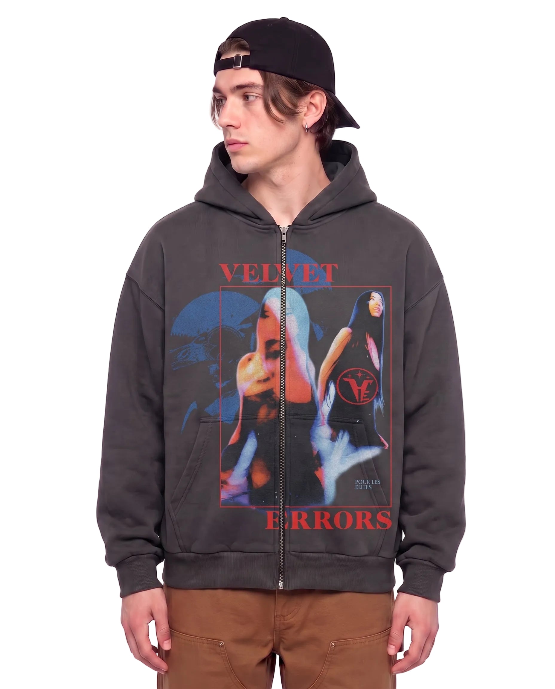 Gray Velvet Errors Elites Zip Up hoodie displayed on a model, showcasing the front with a relaxed fit and casual style.