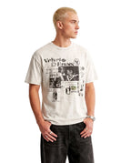 White Fade Out Wash Tee by Velvet Errors displayed on a model, showcasing a relaxed fit and distressed denim style.