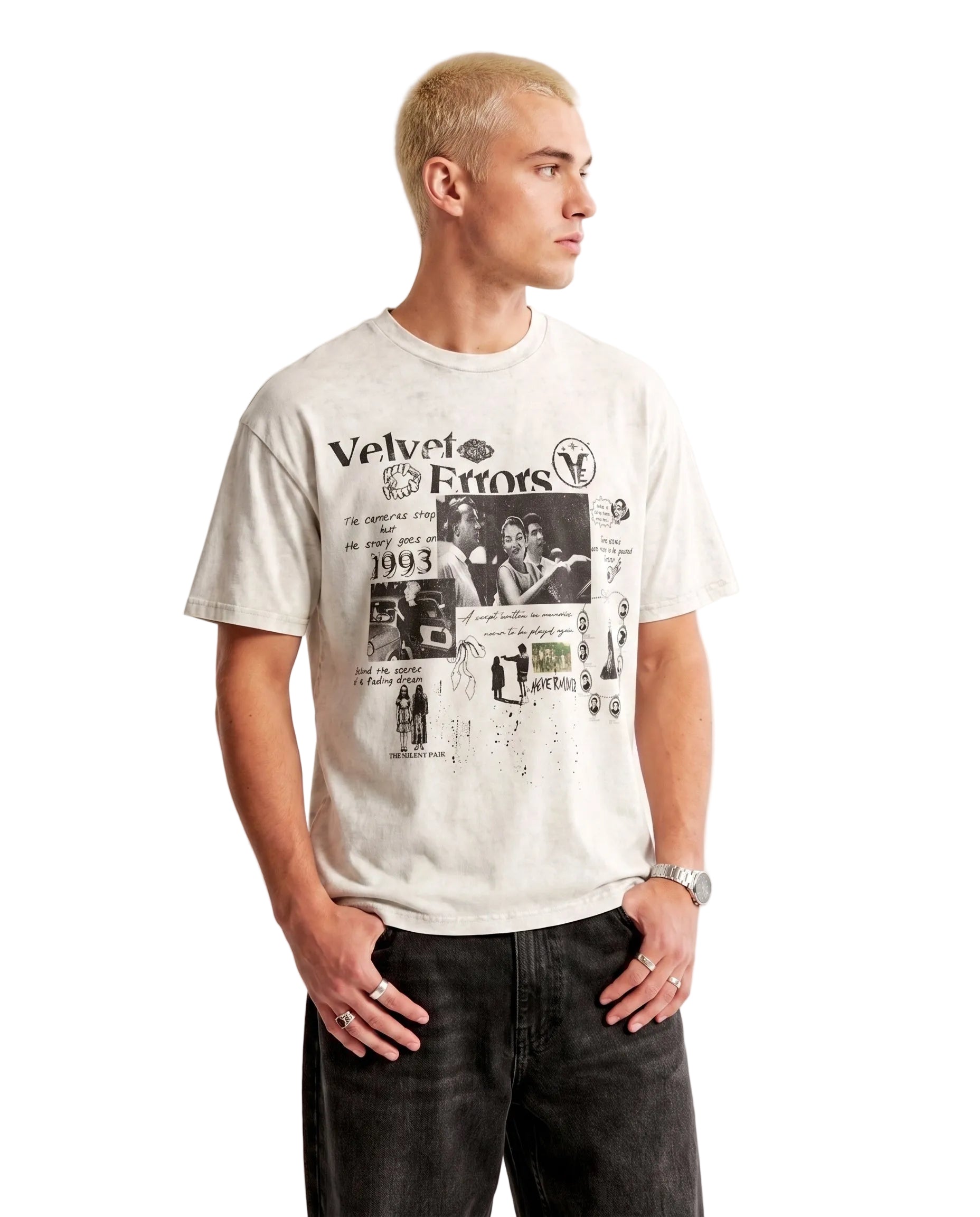 White Fade Out Wash Tee by Velvet Errors displayed on a model, showcasing a relaxed fit and distressed denim style.