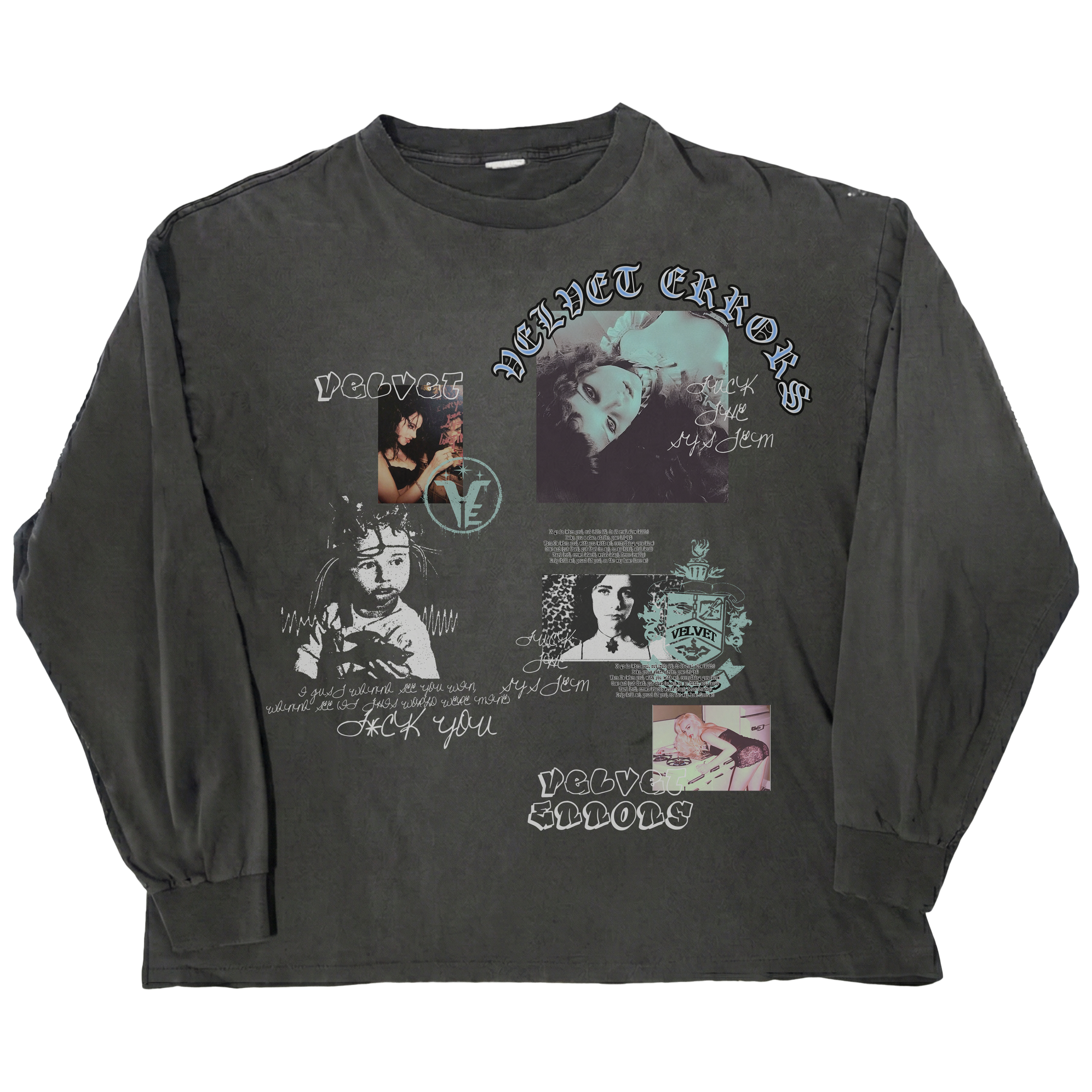 Broken System long sleeve shirt by Velvet Errors featuring a distressed, graphic design on black fabric.