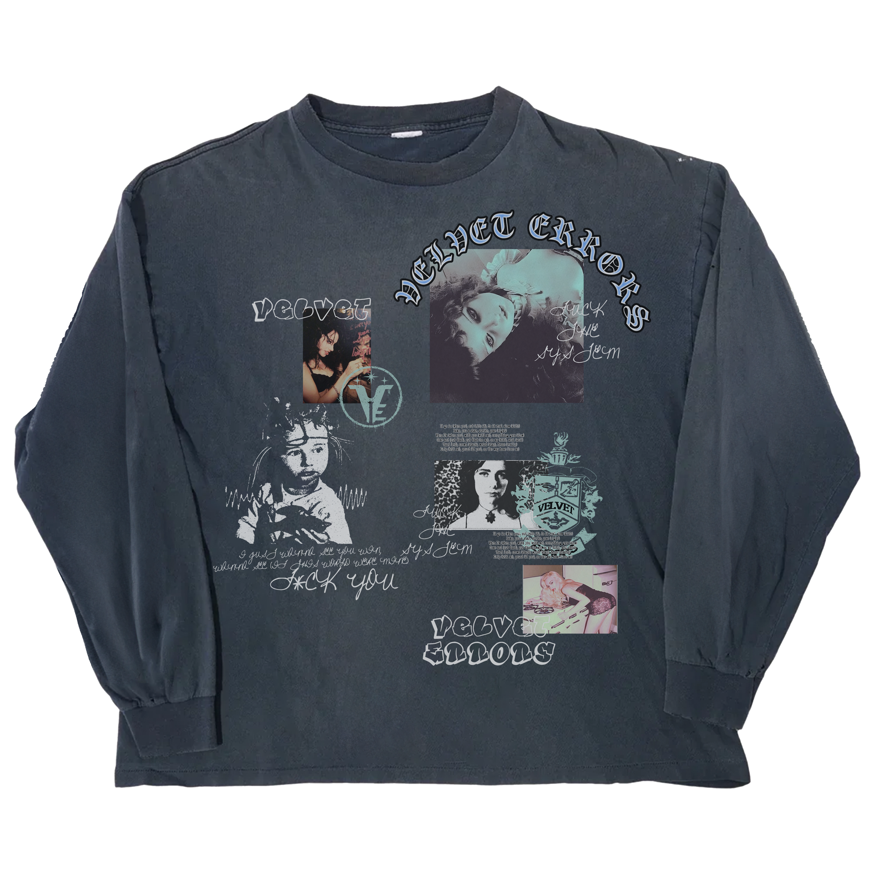 Blue Broken System long sleeve shirt by Velvet Errors, featuring distressed graphic design and casual fit.