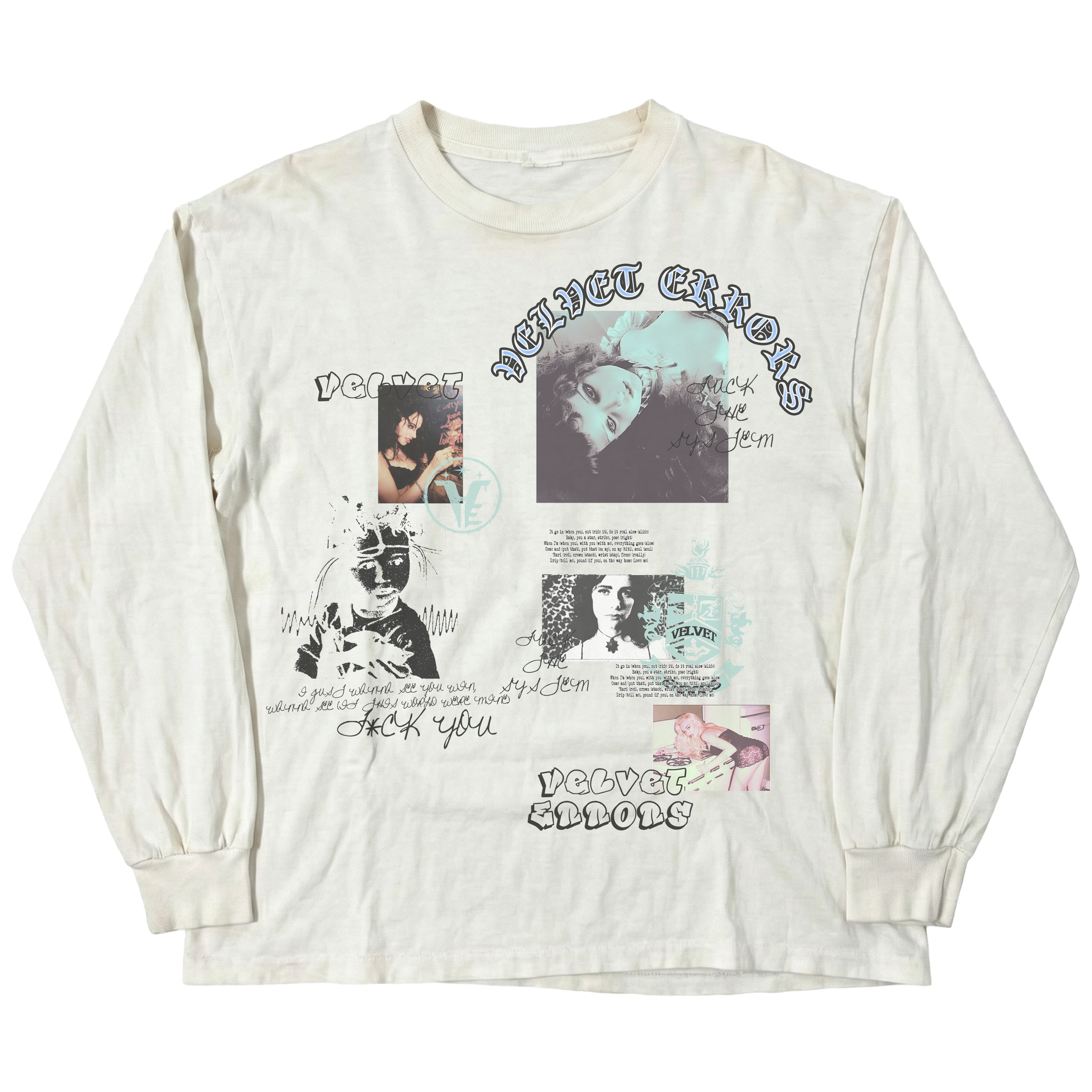 White Broken System long sleeve shirt by Velvet Errors, featuring distressed design and casual fit, shown on a mannequin.