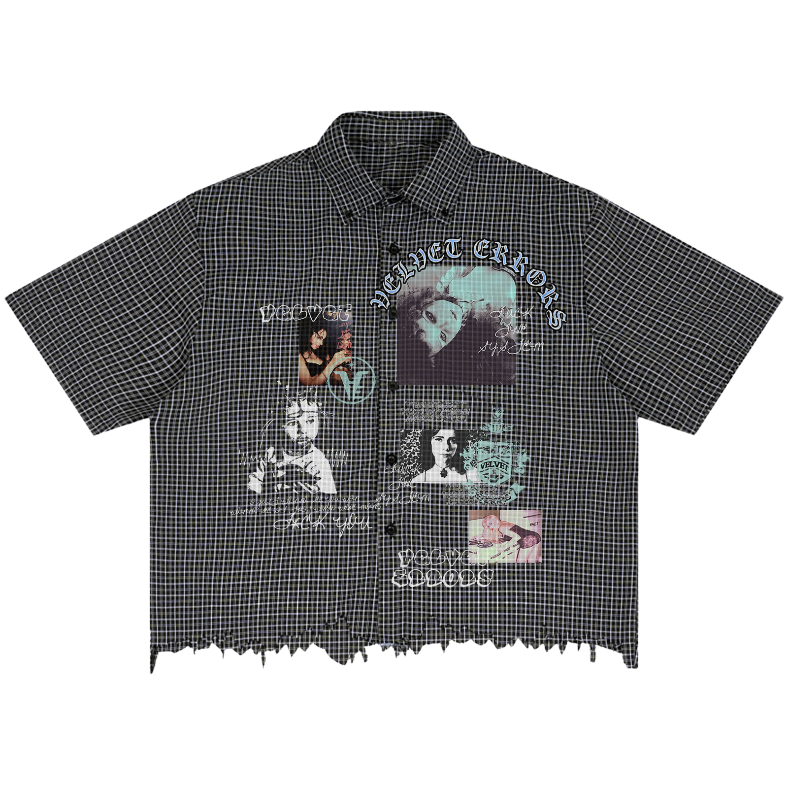 Velvet Errors Broken System Distress Button Up shirt featuring distressed fabric and casual fit, displayed on a hanger.