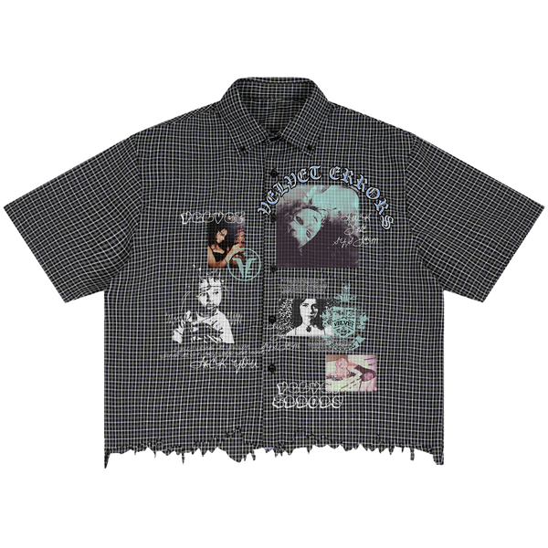 Velvet Errors Broken System Distress Button Up shirt featuring distressed fabric and casual fit, displayed on a hanger.