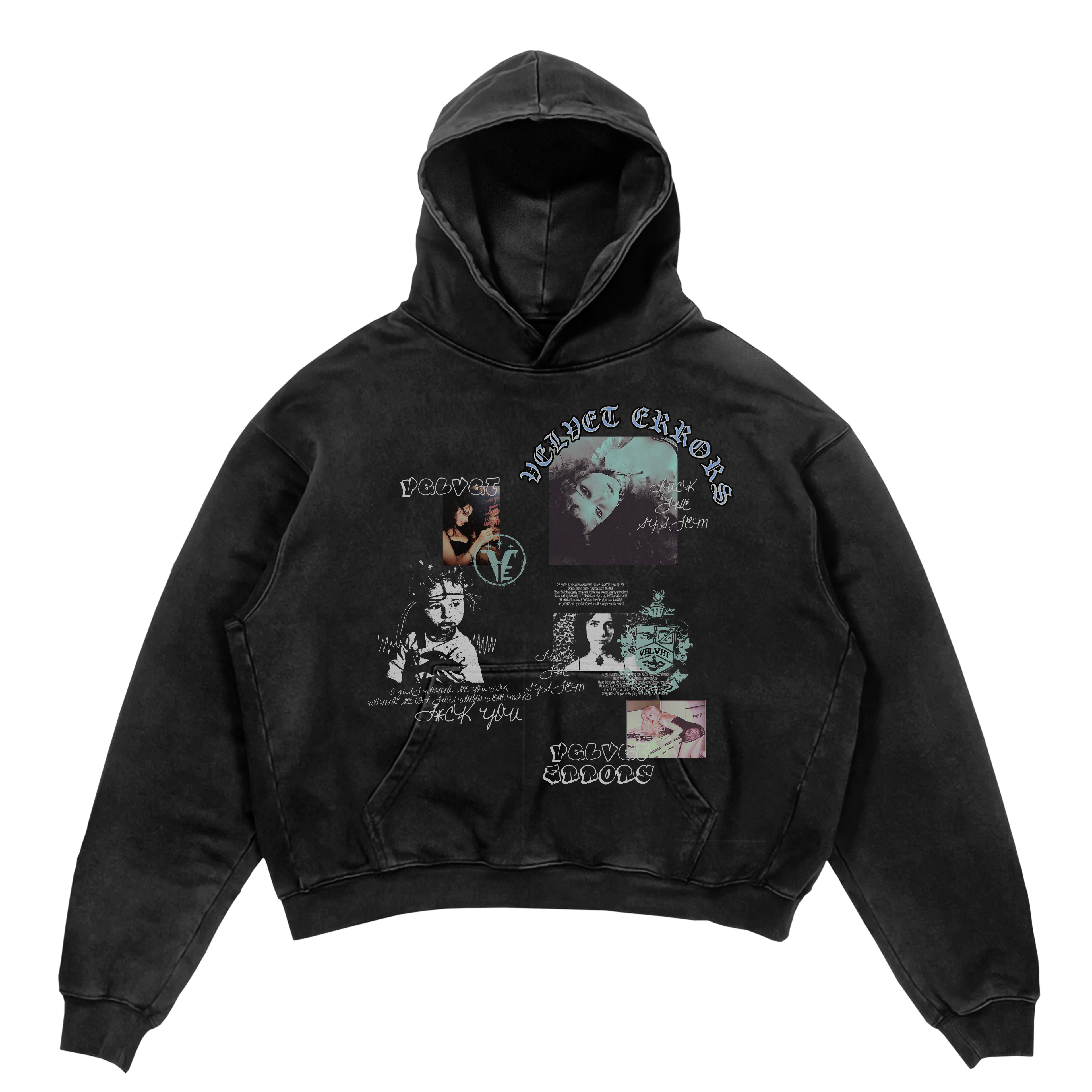 Black Broken System Hoodie by Velvet Errors with distressed design and bold graphic print on the front.