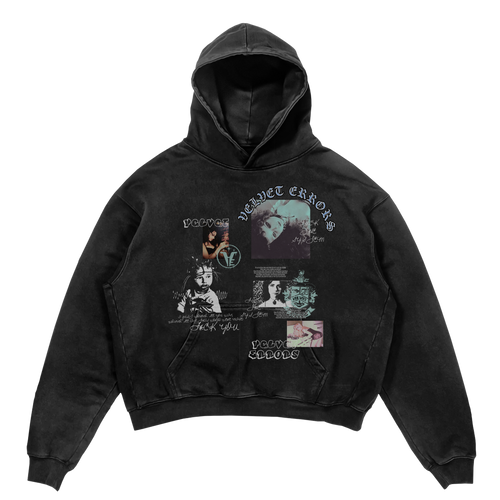 Black Broken System Hoodie by Velvet Errors with distressed design and bold graphic print on the front.