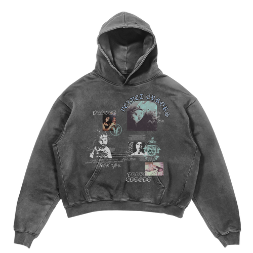 Gray Broken System hoodie by Velvet Errors featuring distressed design and casual fit, shown on a model.