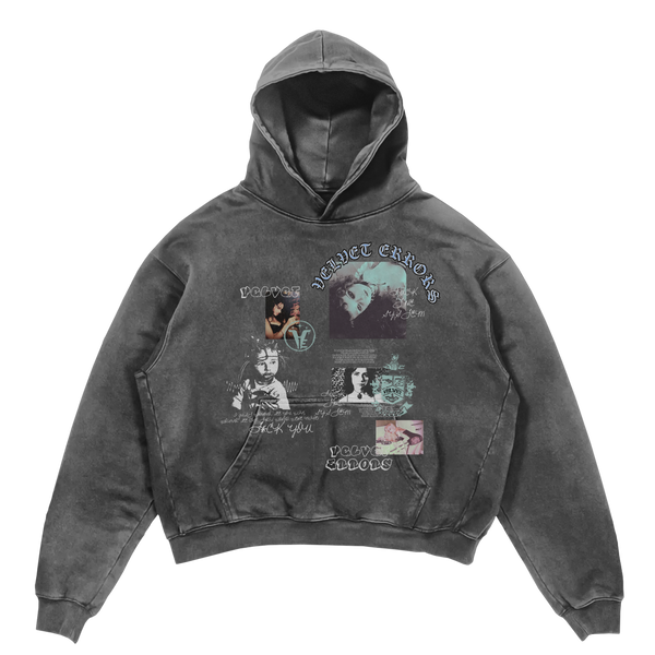 Gray Broken System hoodie by Velvet Errors featuring distressed design and casual fit, shown on a model.