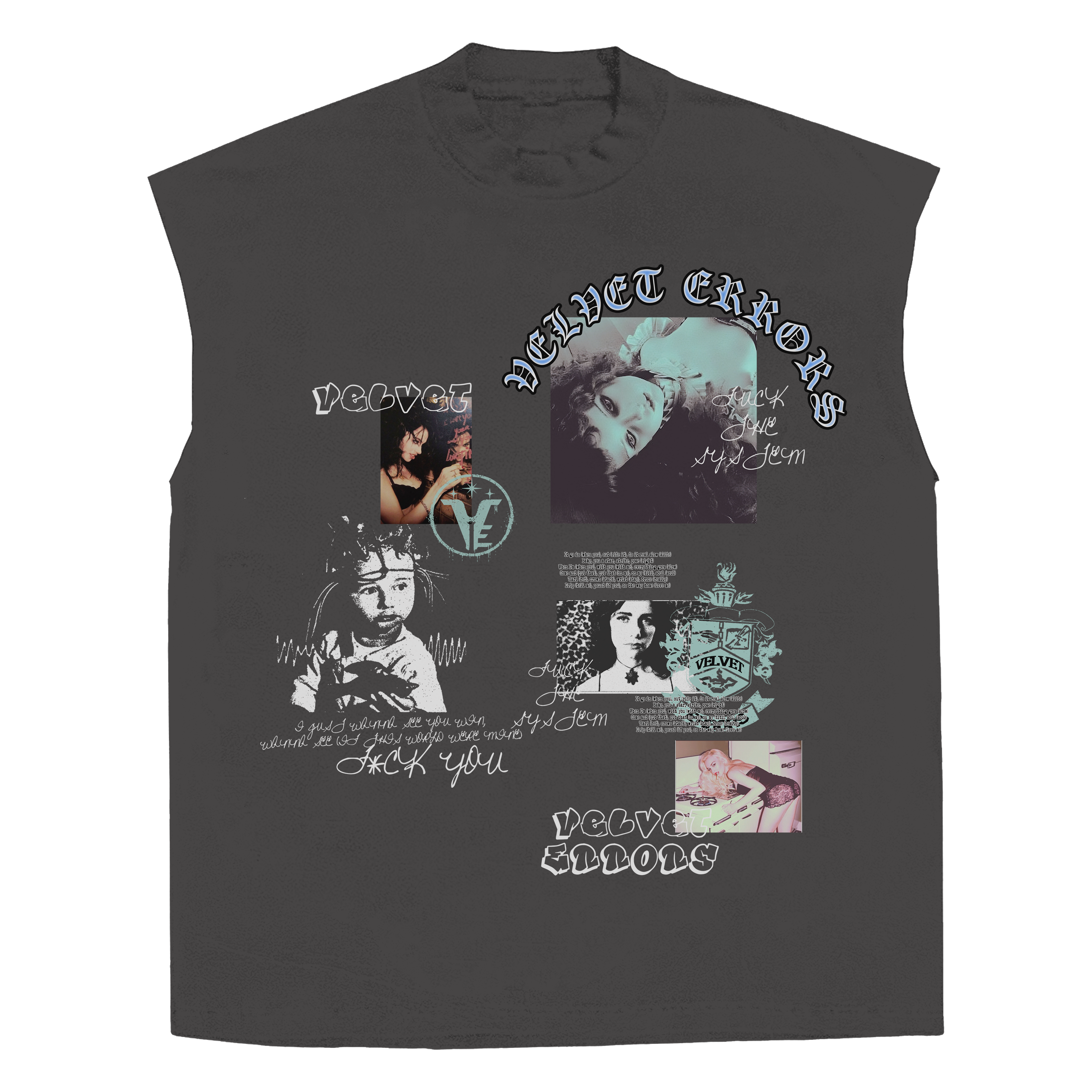 Velvet Errors Broken System Mocks sleeveless grey t-shirt with graphic print on front, casual streetwear style.