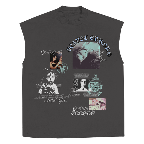 Velvet Errors Broken System Mocks sleeveless grey t-shirt with graphic print on front, casual streetwear style.