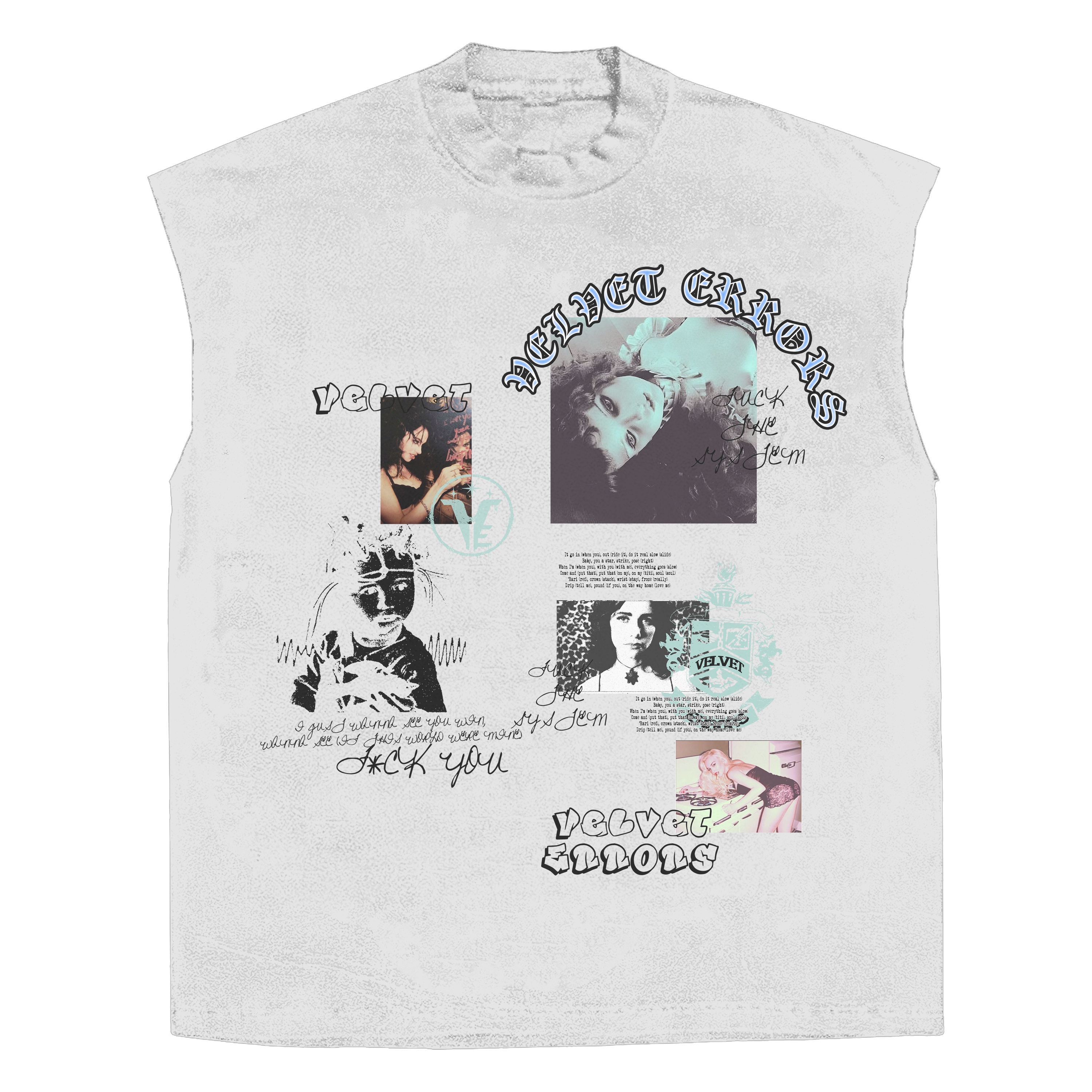 Broken System Mocks by Velvet Errors, sleeveless white shirt with bold black graphic print, casual streetwear style.
