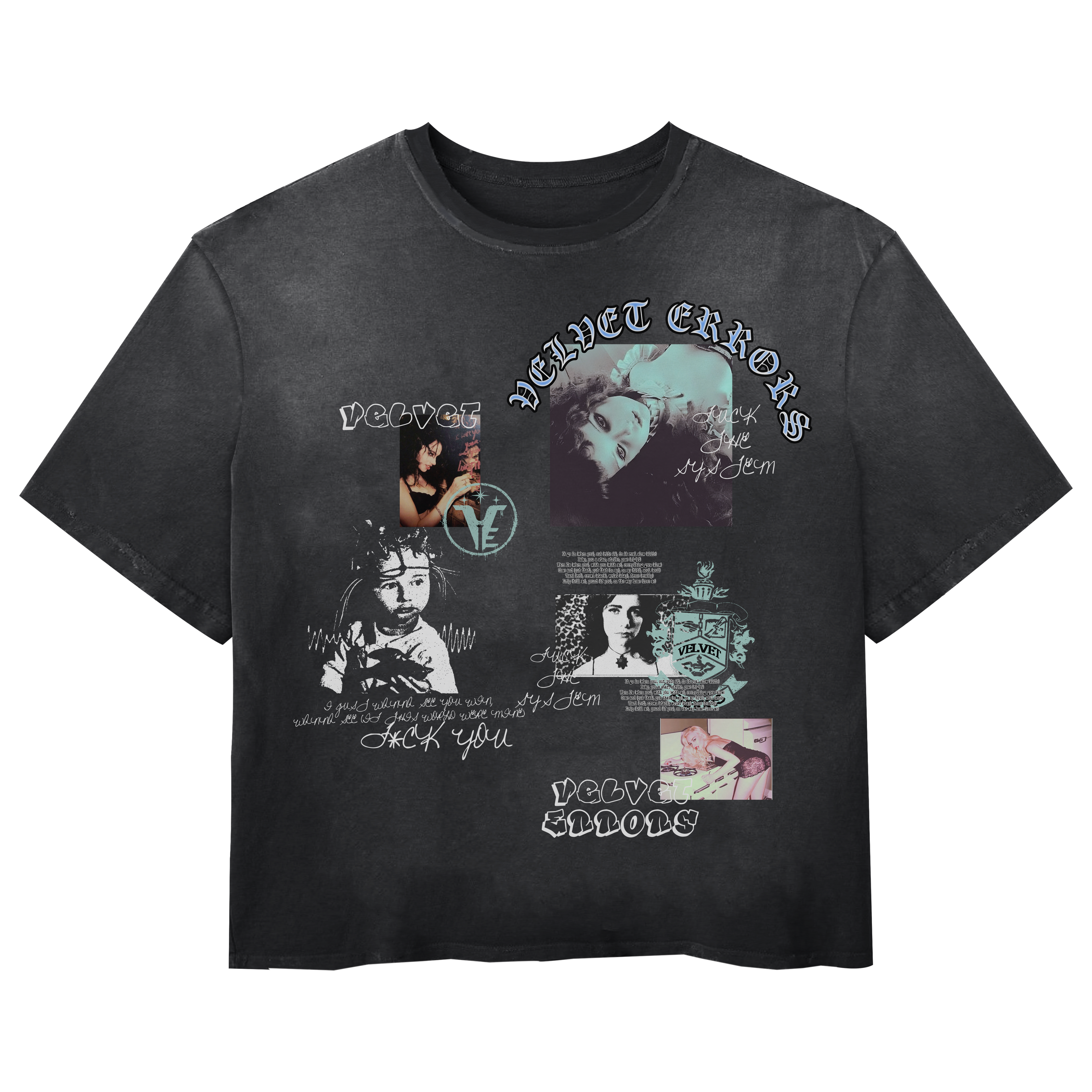Broken System Mocks by Velvet Errors, featuring black and white graphic design on a textured fabric background.