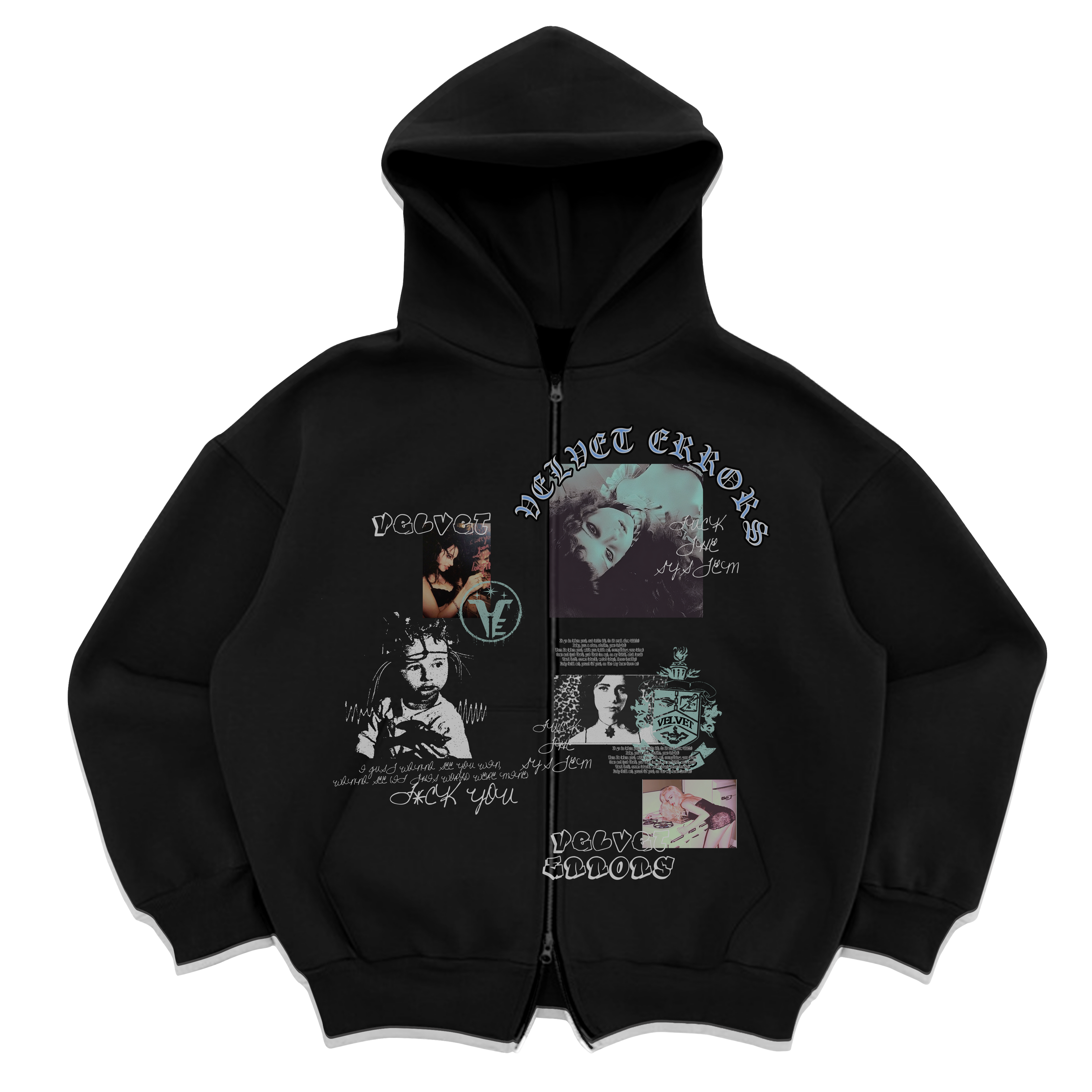 Black Velvet Errors Broken System zip-up hoodie with distressed details and front zipper closure.