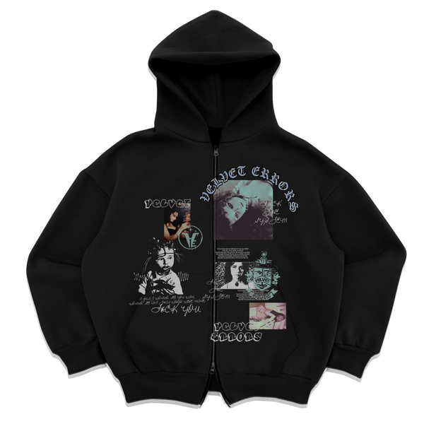 Black Velvet Errors Broken System zip-up hoodie with distressed details and front zipper closure.