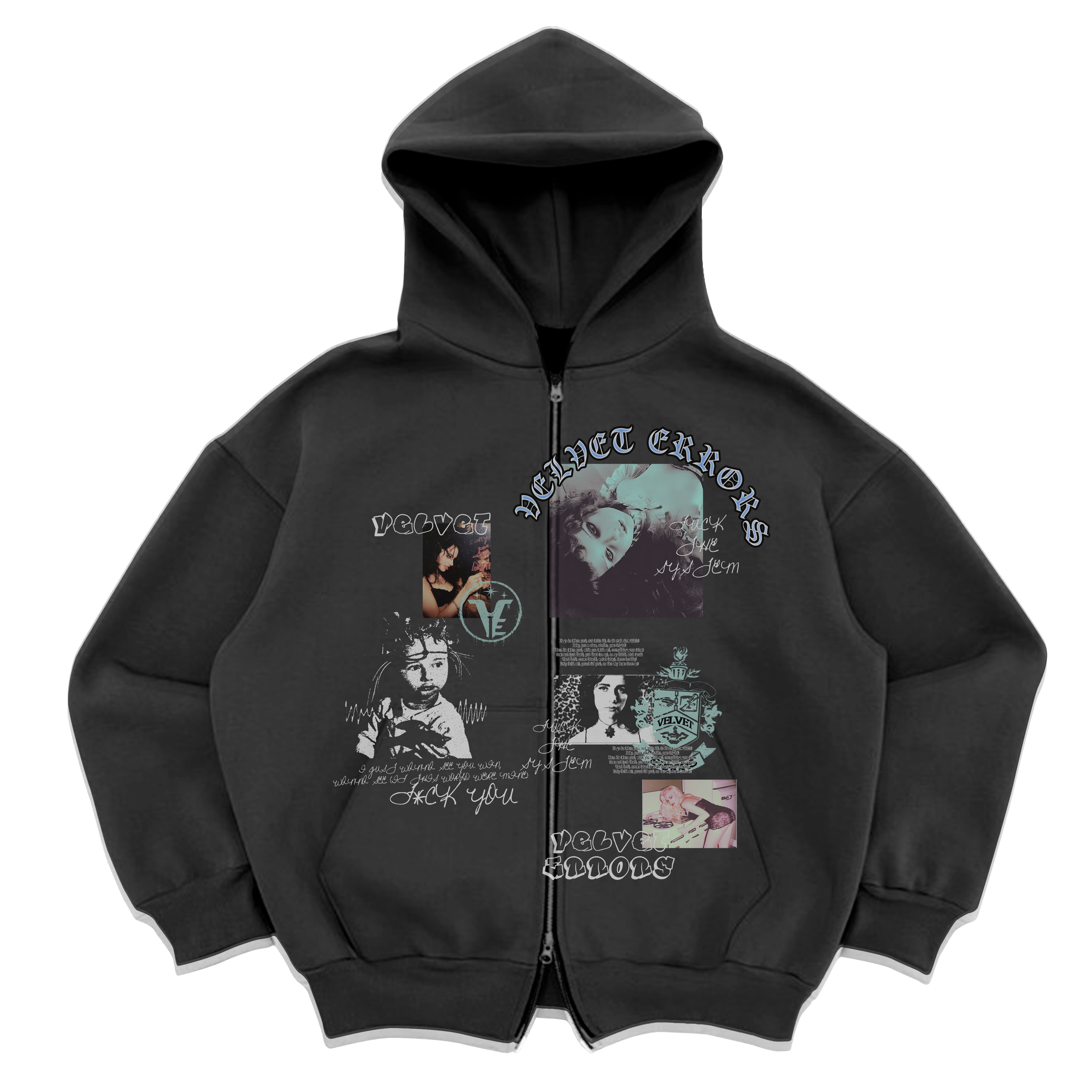 Gray Velvet Errors Broken System Zip Up hoodie with a front zipper and distressed design.
