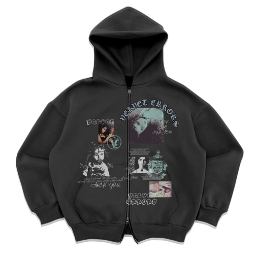 Gray Velvet Errors Broken System Zip Up hoodie with a front zipper and distressed design.