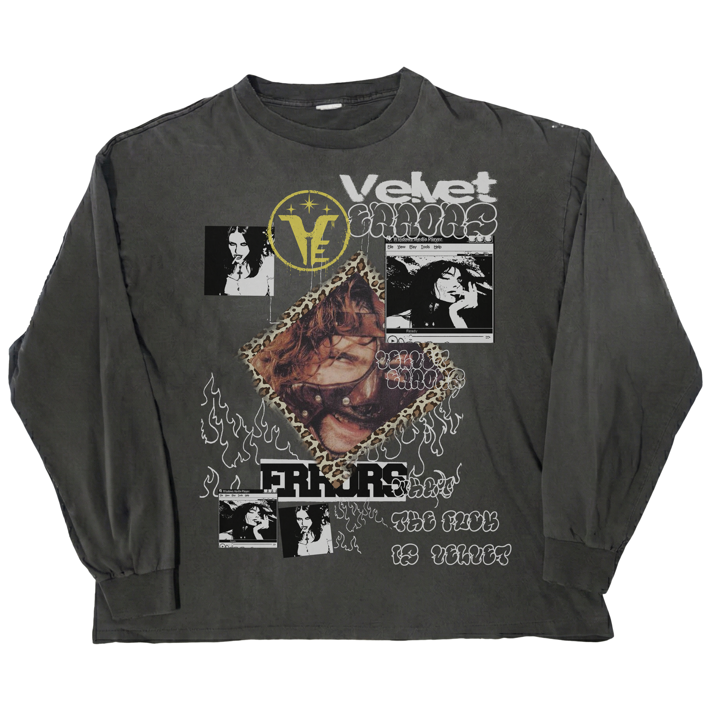 Black Velvet Errors Feral long sleeve shirt with a fitted design and crew neckline, displayed flat on a white background.